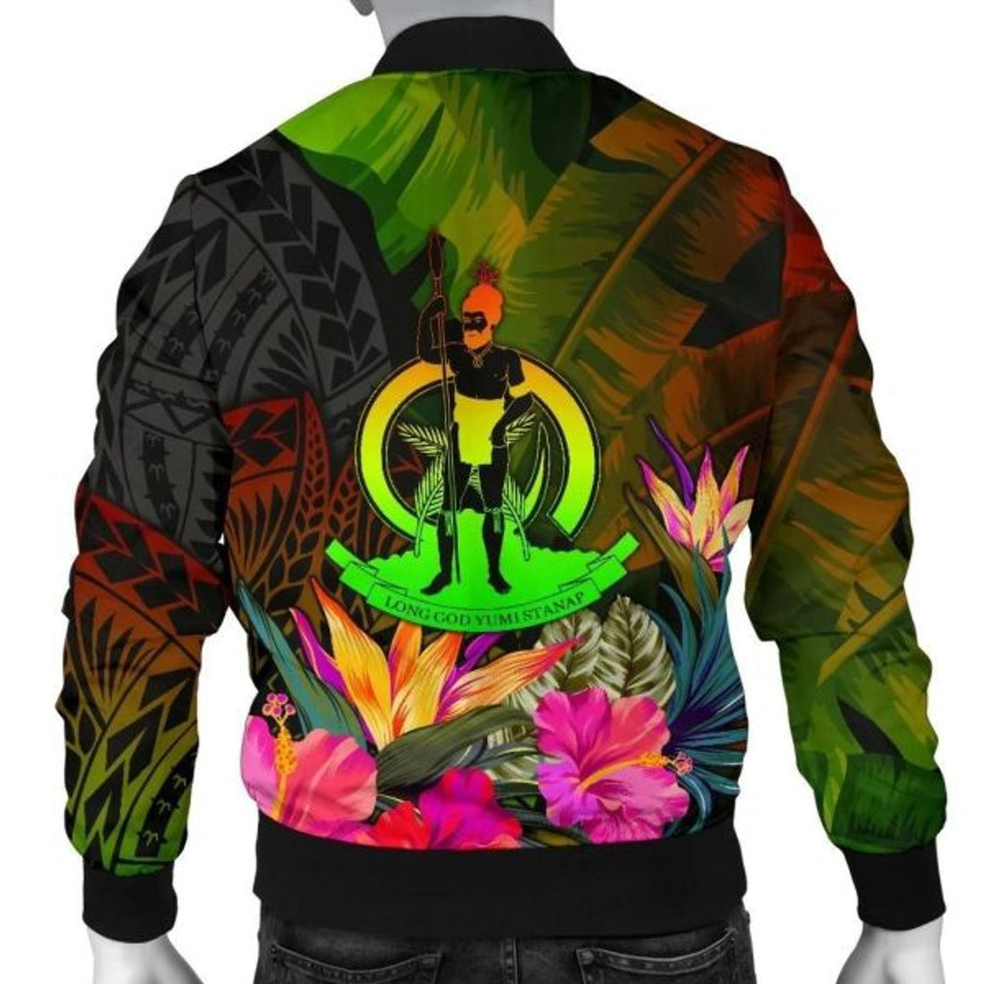 FUNSTUFFPRINT Bomber Jacket Vanuatu Polynesian - Hibiscus and Banana Leaves - Summer Hibiscus 3D Bomber Jacket