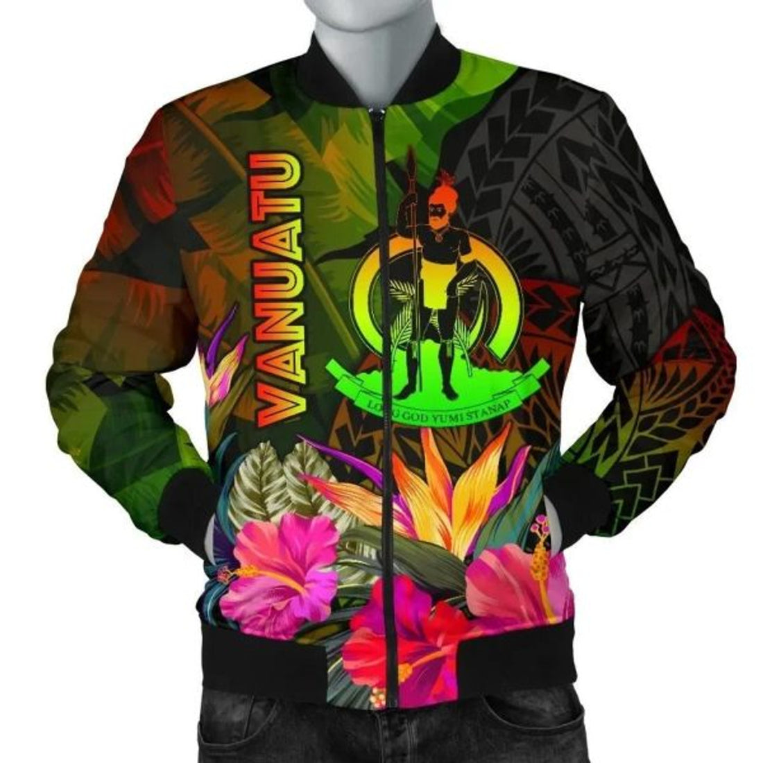 FUNSTUFFPRINT Bomber Jacket Vanuatu Polynesian - Hibiscus and Banana Leaves - Summer Hibiscus 3D Bomber Jacket