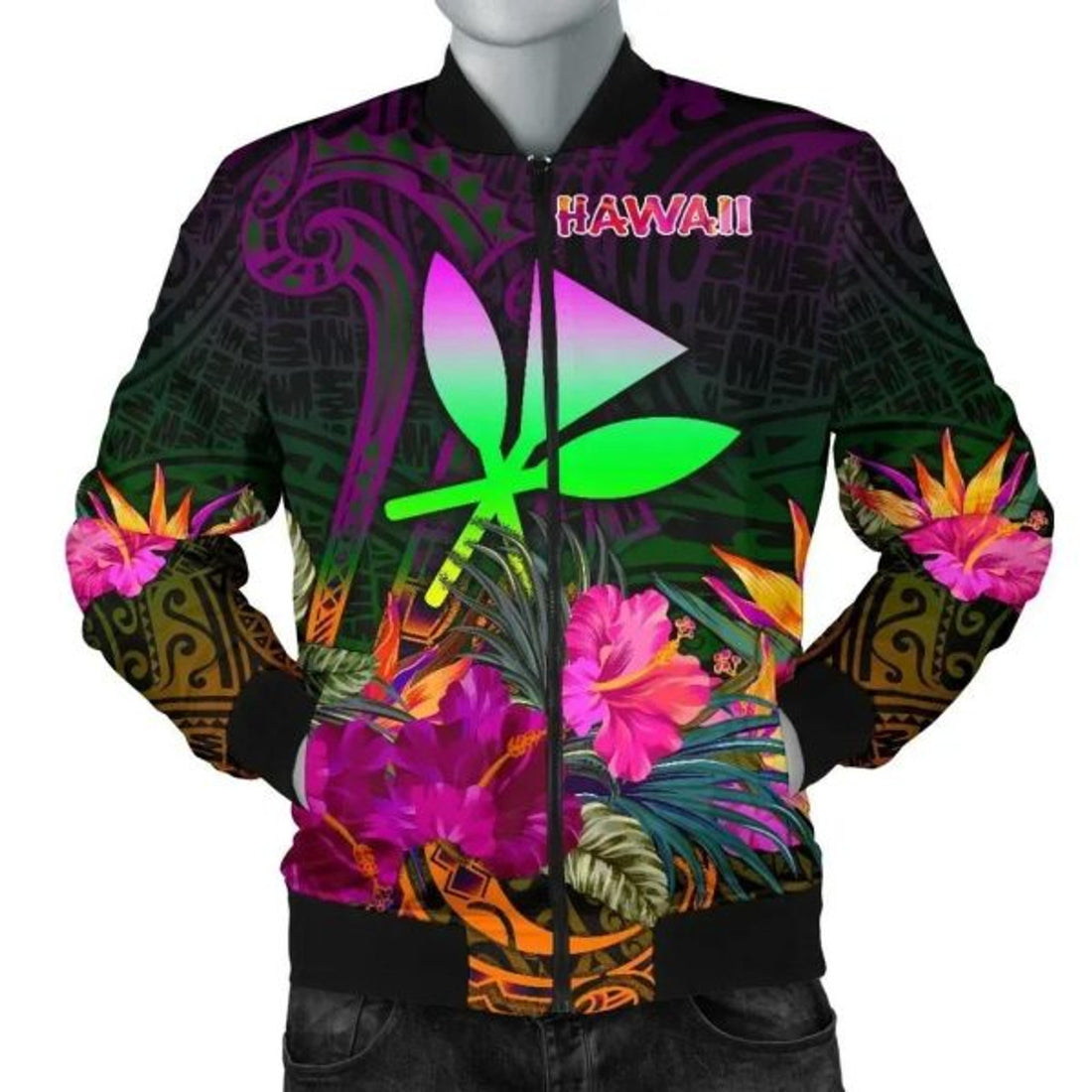 FUNSTUFFPRINT Bomber Jacket bPolynesian Hawaii Kanaka Maoli - Summer Hibiscus - 3D Bomber Jacket