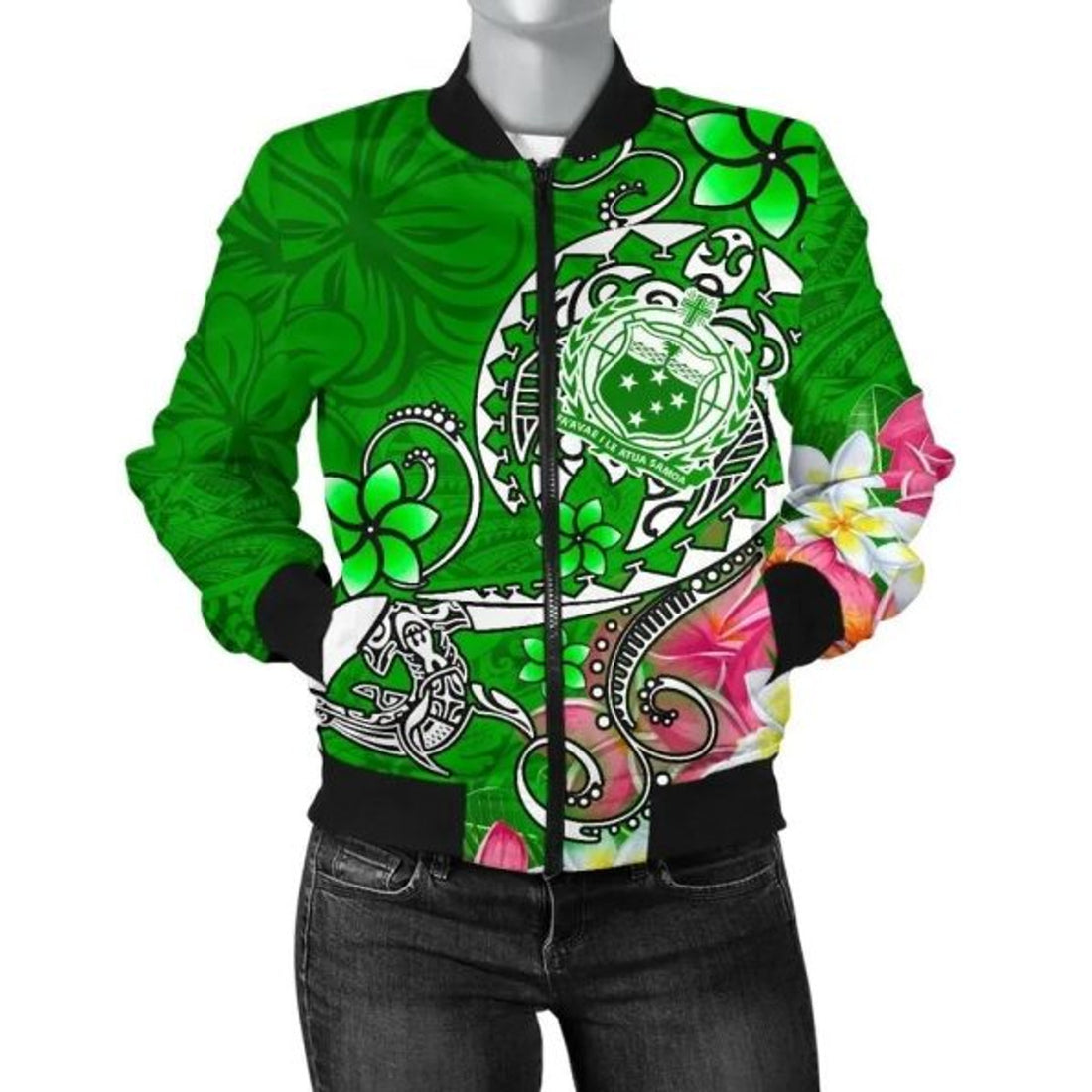 FUNSTUFFPRINT Bomber Jacketamoa - Turtle Plumeria (Green) 3D Bomber Jacket