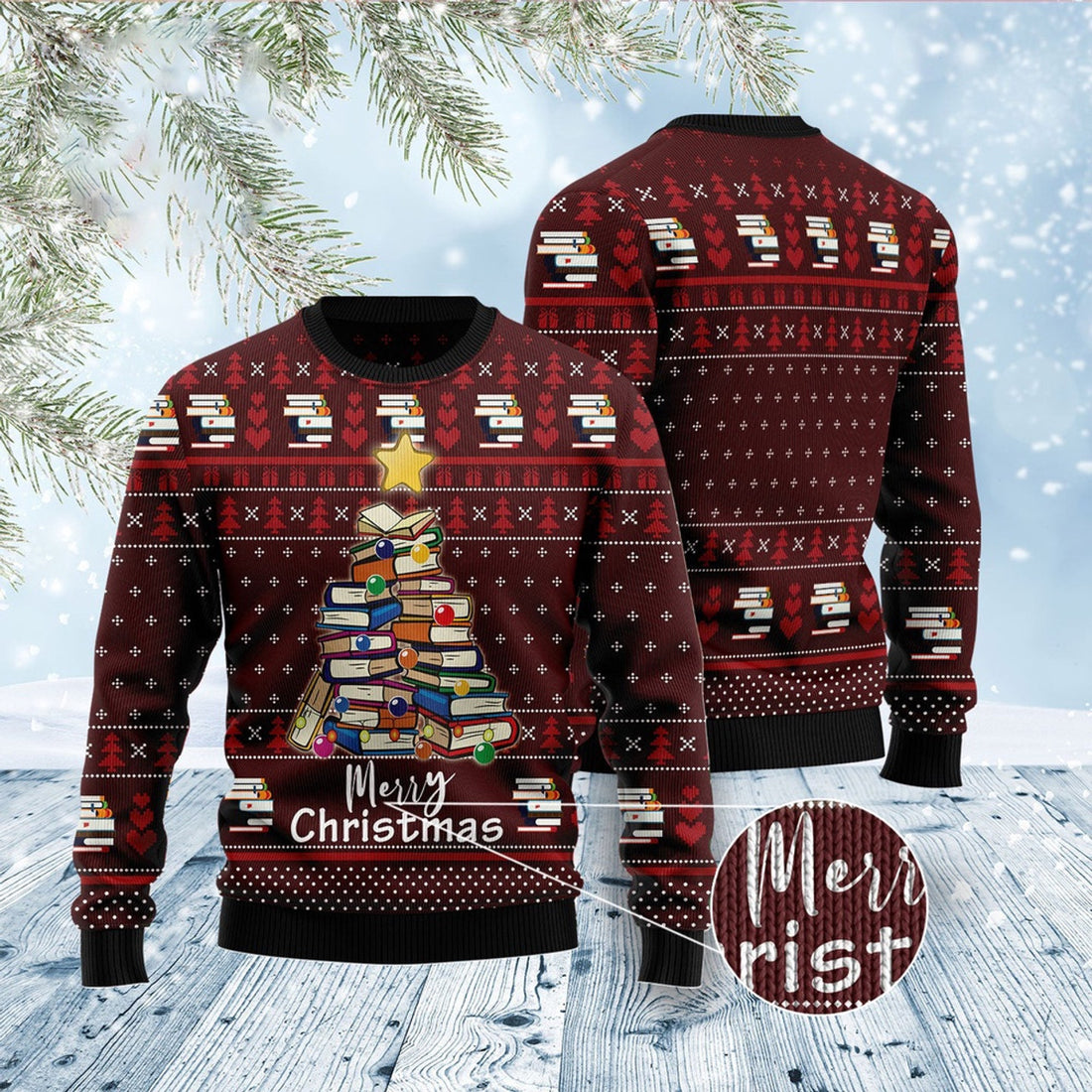 FUNSTUFFPRINT Book Pine Ugly Christmas Sweater, Christmas Sweater, Ugly Sweater, Funny Xmas Sweaters Ugly Sweater