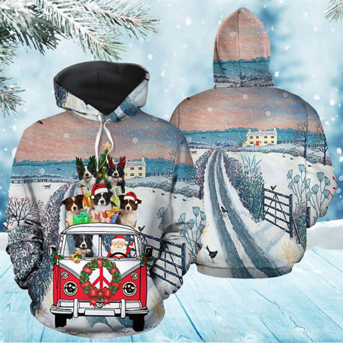 FUNSTUFFPRINT 3D Border Collie Santa Christmas All Over 3D Hoodie and Zip Hoodie