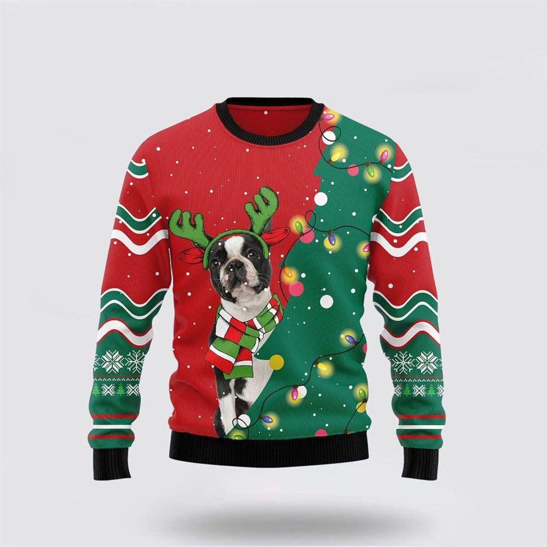 FUNSTUFFPRINT Boston Terrier Christmas Tree Ugly Sweater - Pet Lover Christmas Sweater Ugly Sweater