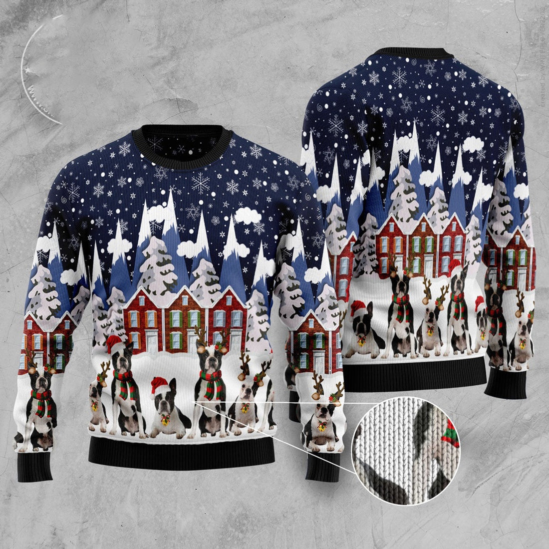 FUNSTUFFPRINT Boston Terrier Family Ugly Christmas Sweater, Christmas Sweater, Ugly Sweater, Funny Xmas Sweaters Ugly Sweater