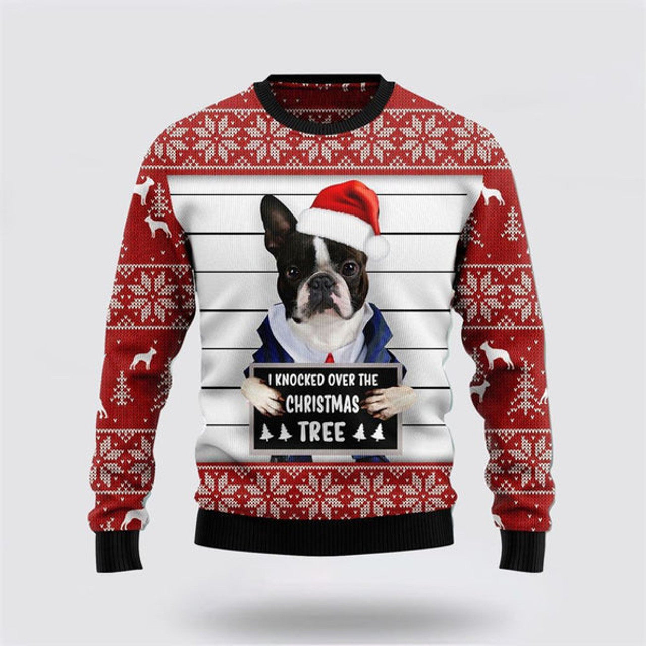 FUNSTUFFPRINT Boston Terrier I Knocked Over The Christmas Tree Ugly Christmas Sweater For Men And Women, Gift For Christmas, Best Winter Christmas Outfit Ugly  Sweater