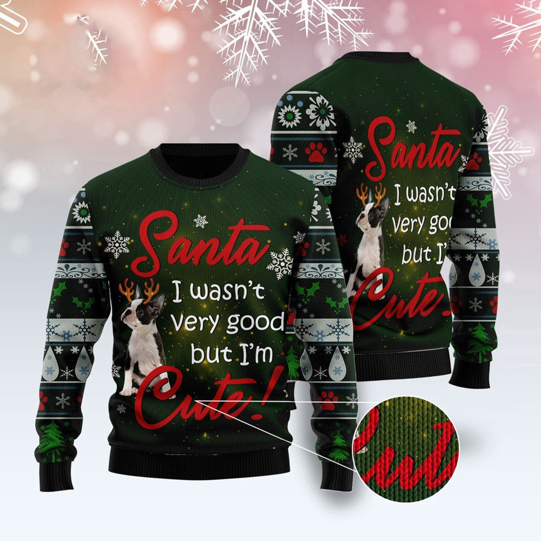FUNSTUFFPRINT Boston Terrier I'M Cute Ugly Christmas Sweater, Christmas Sweater, Ugly Sweater, Funny Xmas Sweaters Ugly Sweater