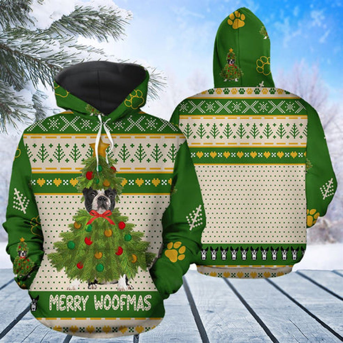 FUNSTUFFPRINT 3D Boston Terrier Merry Woofmas All Over 3D Hoodie and Zip Hoodie