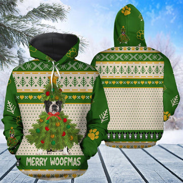FUNSTUFFPRINT 3D Boston Terrier Merry Woofmas All Over 3D Hoodie and Zip Hoodie