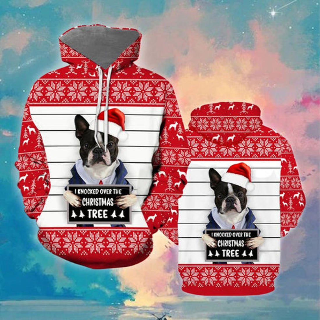 FUNSTUFFPRINT 3D Boston Terrier The Christmas Tree All Over 3D Hoodie and Zip Hoodie