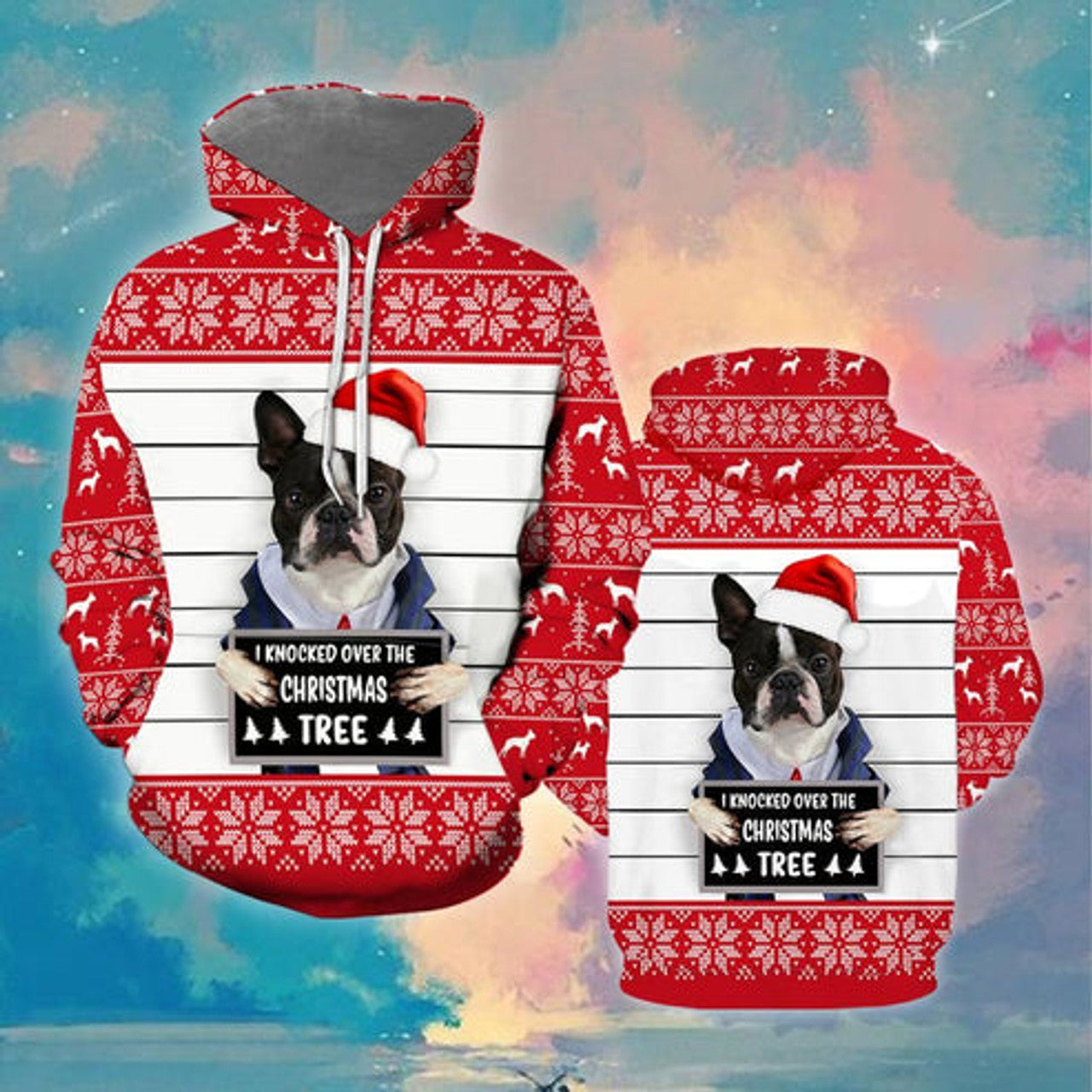 FUNSTUFFPRINT 3D Boston Terrier The Christmas Tree All Over 3D Hoodie and Zip Hoodie