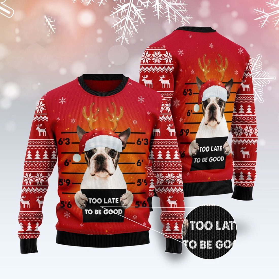 FUNSTUFFPRINT Boston Terrier Too Late To Be Good Ugly Christmas Sweater, Dog Ugly Christmas Sweater, Ugly Dog Sweaters Ugly Sweater