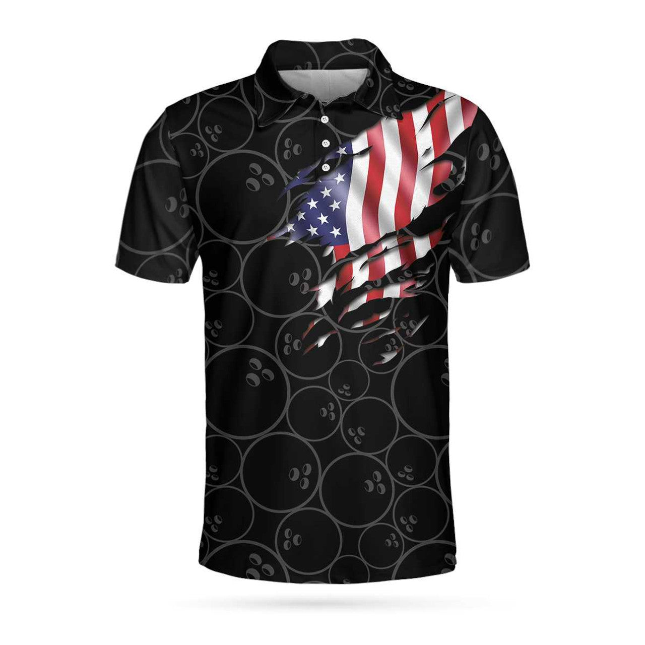 Men Polo Shirt - Bowling American Flag Short Sleeve Polo Shirt, Bowling Ball Pattern USA Flag Polo Shirt, Bowling Shirt For Men