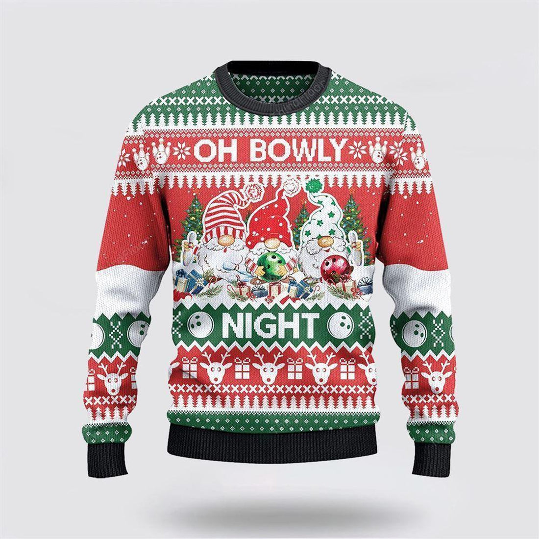 FUNSTUFFPRINT Bowling And Gnomes Lovers Gift Oh Bowly Night Ugly Christmas Sweater – Christmas Gift For Bowling Enthusiasts Ugly Sweater