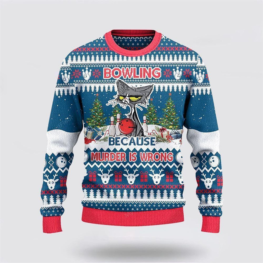 FUNSTUFFPRINT Bowling Because Murder Is Wrong Ugly Christmas Sweater – Christmas Gift For Bowling Enthusiasts Ugly Sweater
