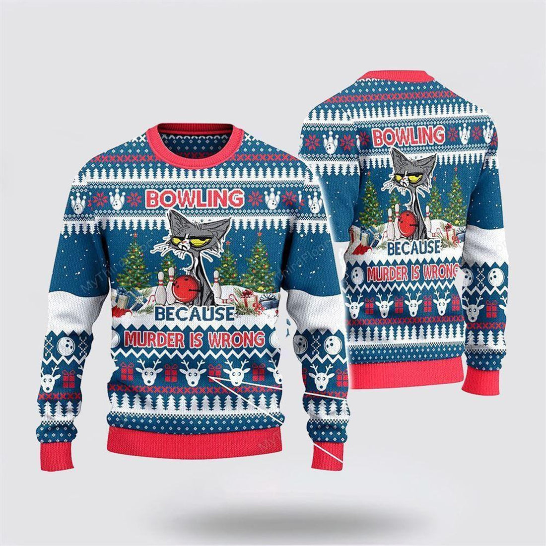 FUNSTUFFPRINT Bowling Because Murder Is Wrong Ugly Christmas Sweater – Christmas Gift For Bowling Enthusiasts Ugly Sweater
