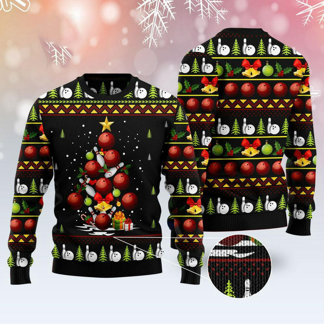 FUNSTUFFPRINT Bowling Christmas Tree Ugly Christmas Sweater, Xmas Tree Sweater, Christmas Sweater Ugly Sweater