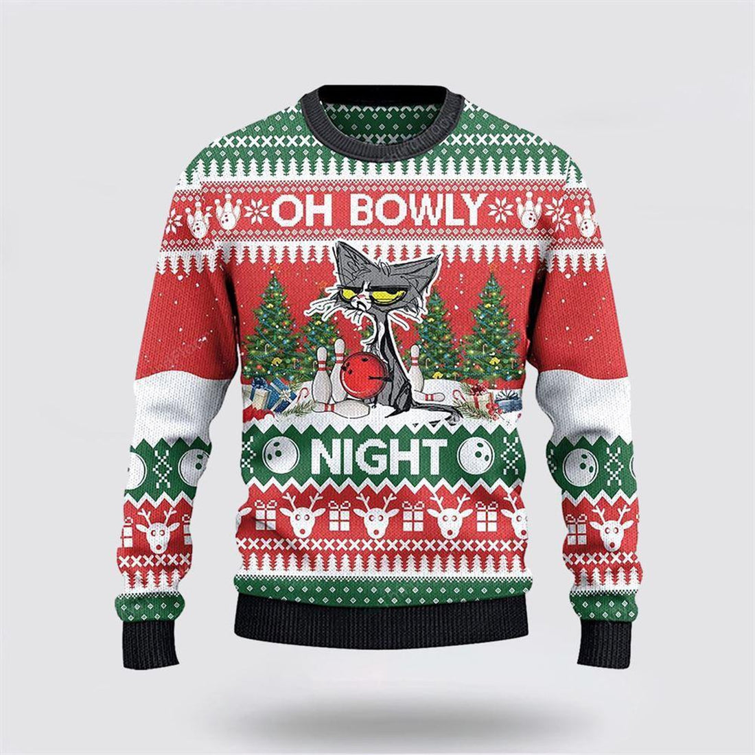 FUNSTUFFPRINT Bowling Lovers Gift Oh Bowly Night Grumpy Cat Sweater – Cat Lover Christmas Sweater Ugly Sweater