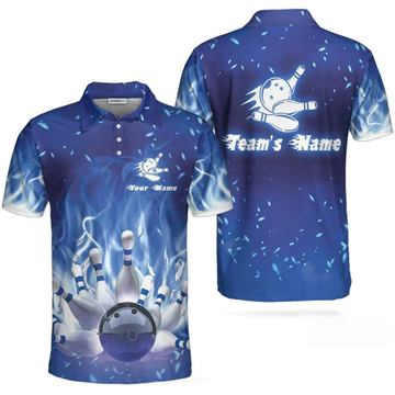 Custom Bowling On Blue Fire Custom Polo Shirt, Blue Custom Bowling Shirt For Adults, Personalized Bowling Gift