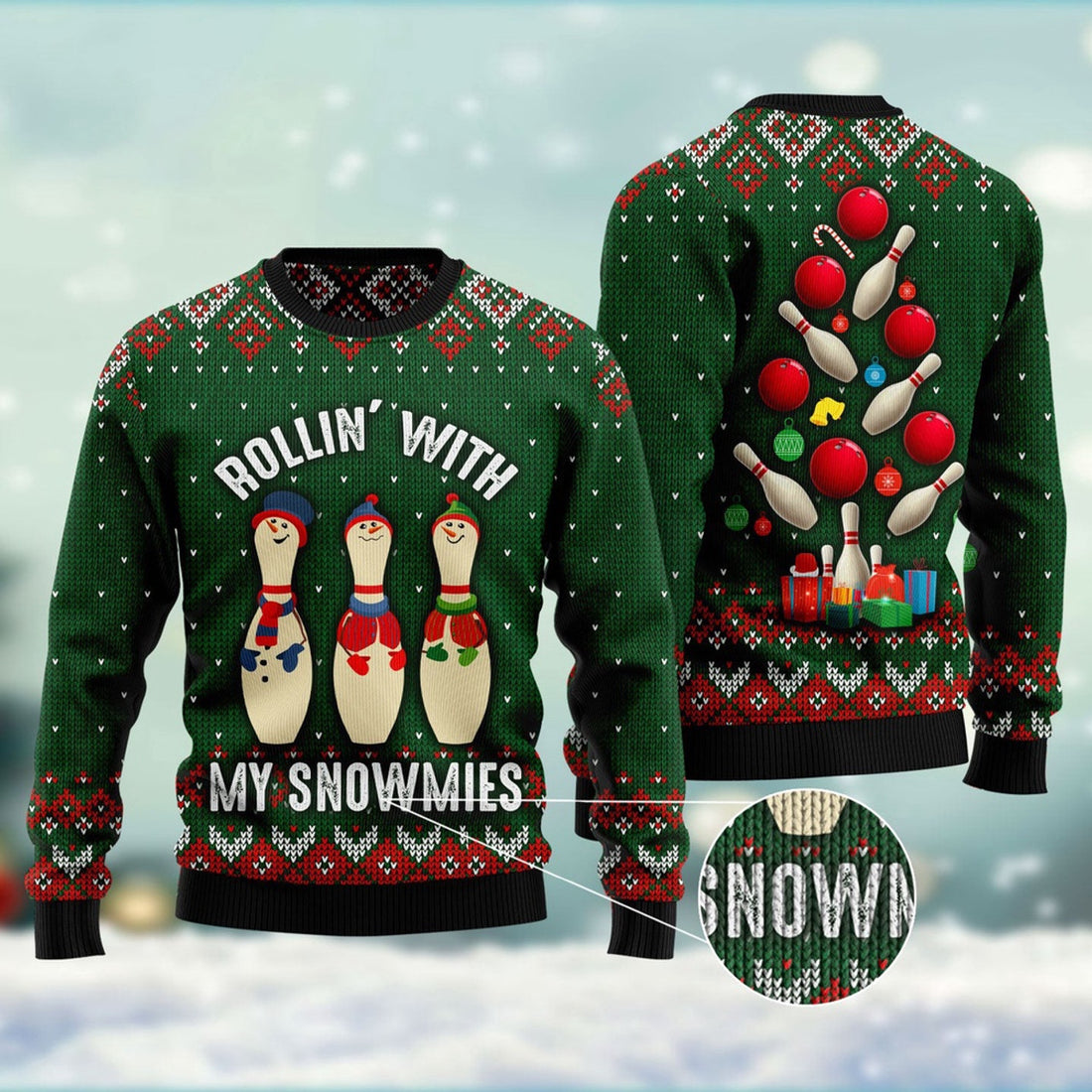 FUNSTUFFPRINT Bowling Rollin With My Snowmies Ugly Christmas Sweater, Christmas Sweater, Ugly Sweater, Funny Xmas Sweaters Ugly Sweater