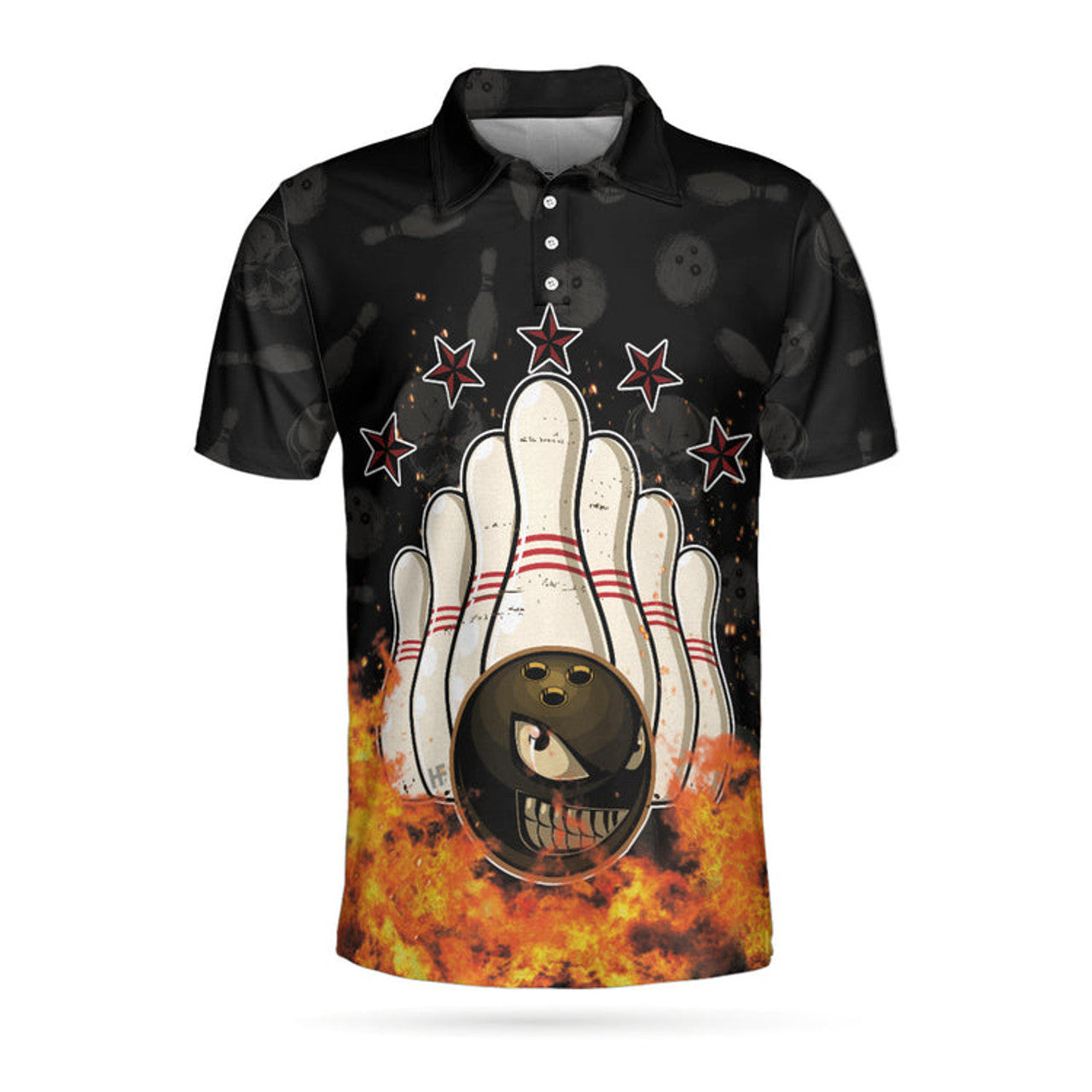 Bowling Skull And Monster Ball Short Sleeve Polo Shirt, Skull Star Fire Polo Shirt, Best Bowling Shirt For Men