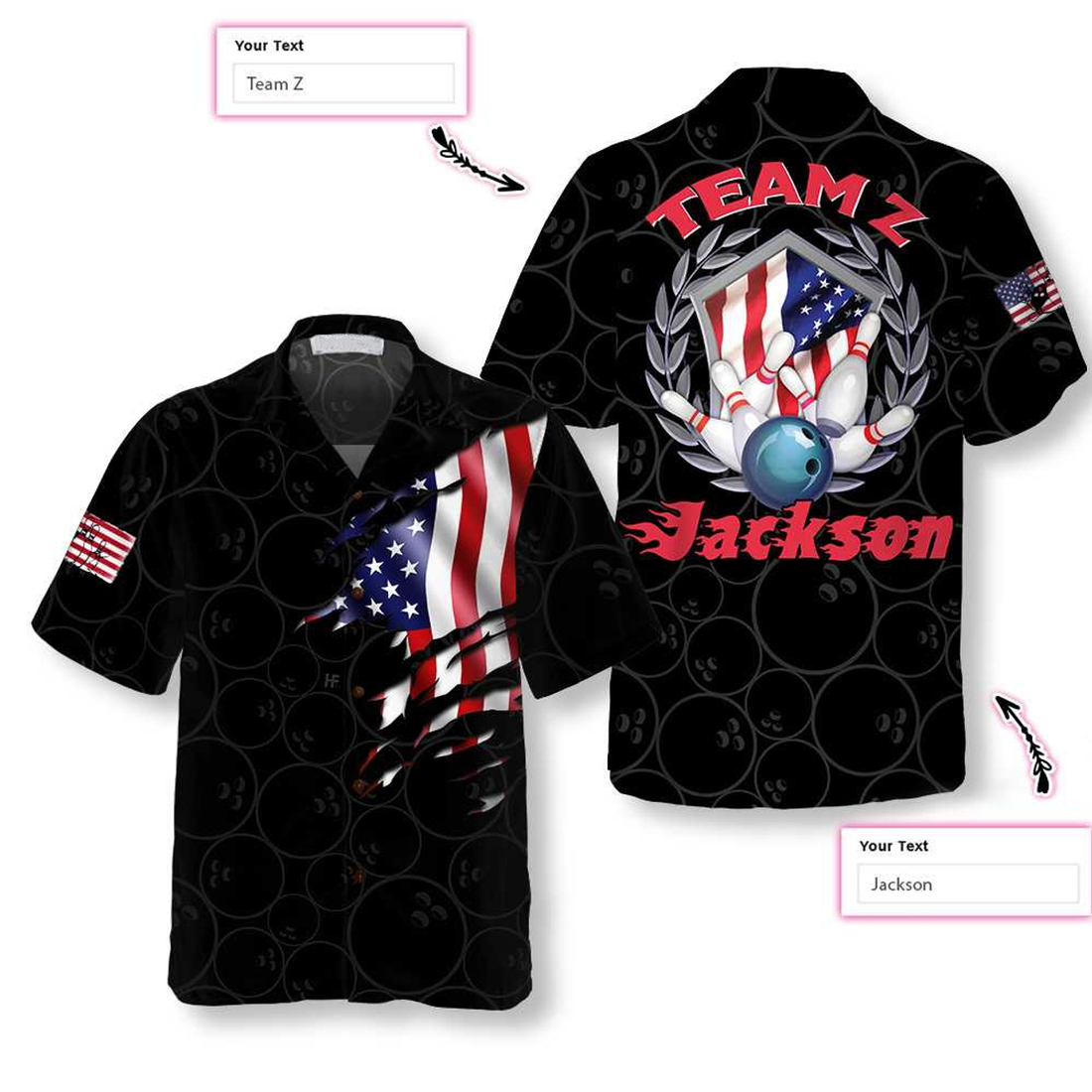 Custom Bowling Team American Flag Custom Hawaiian Shirt, Personalized Bowling Shirt For Men & Women, Uniform Bowling Team Shirt