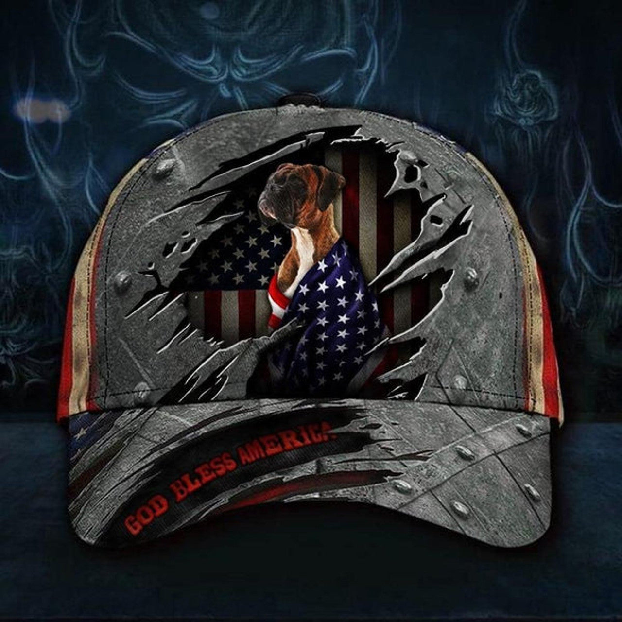 FUNSTUFFPRINT Boxer Dog God Bless America Flag Patriot All Over Print Baseball Cap - Christian Hats For Men Women