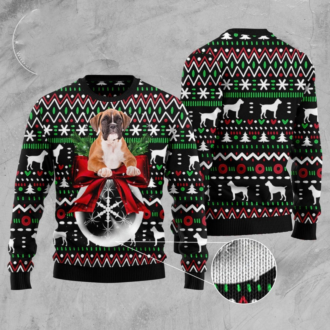 FUNSTUFFPRINT Boxer Xmas Ball Ugly Christmas Sweater, Dog Ugly Christmas Sweater, Ugly Dog Sweaters Ugly  Sweater