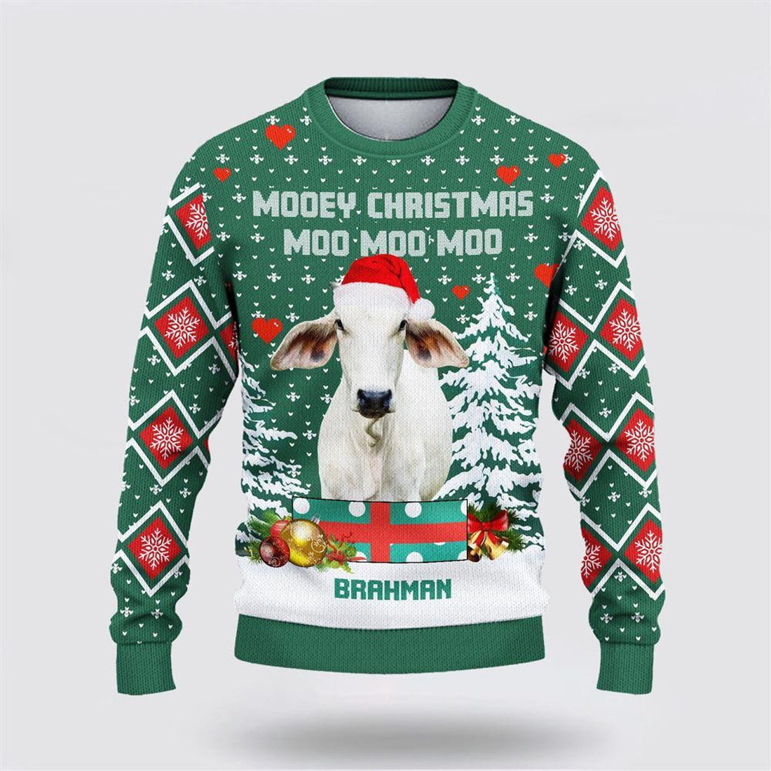 FUNSTUFFPRINT Brahman Green Merry Christmas Ugly Sweater, Gifts For Farmers Ugly Sweater