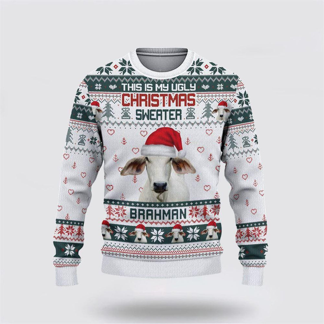 FUNSTUFFPRINT Brahman Green Merry Christmas Ugly Sweater, Gifts For Farmers, Rural Lovers Ugly Sweater