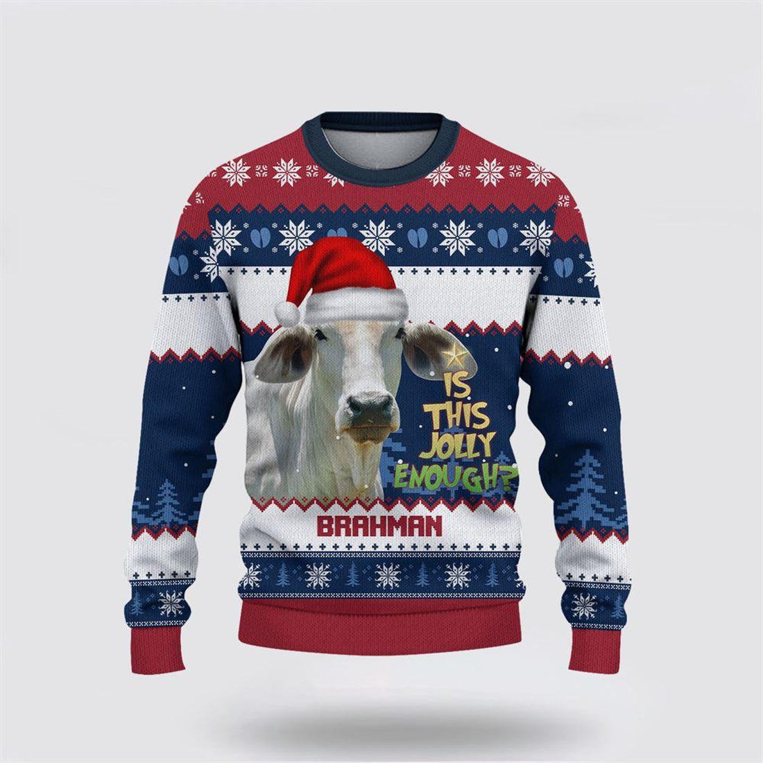 FUNSTUFFPRINT Brahman Jolly Merry Christmas Ugly Sweater, Gifts For Farmers, Rural Lovers Ugly Sweater