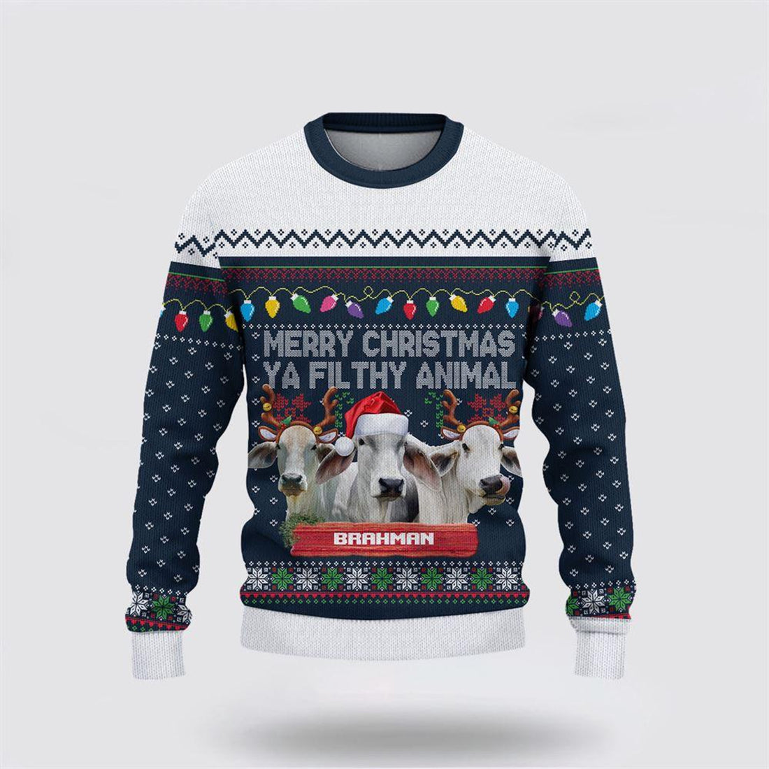FUNSTUFFPRINT Brahman Merry Christmas Ugly Sweater, Gifts For Farmers, Rural Lovers Ugly Sweater