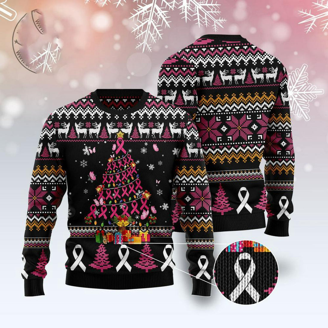 FUNSTUFFPRINT Breast Cancer Awareness Christmas Tree Ugly Christmas Sweater, Xmas Tree Sweater, Christmas Sweater Ugly  Sweater