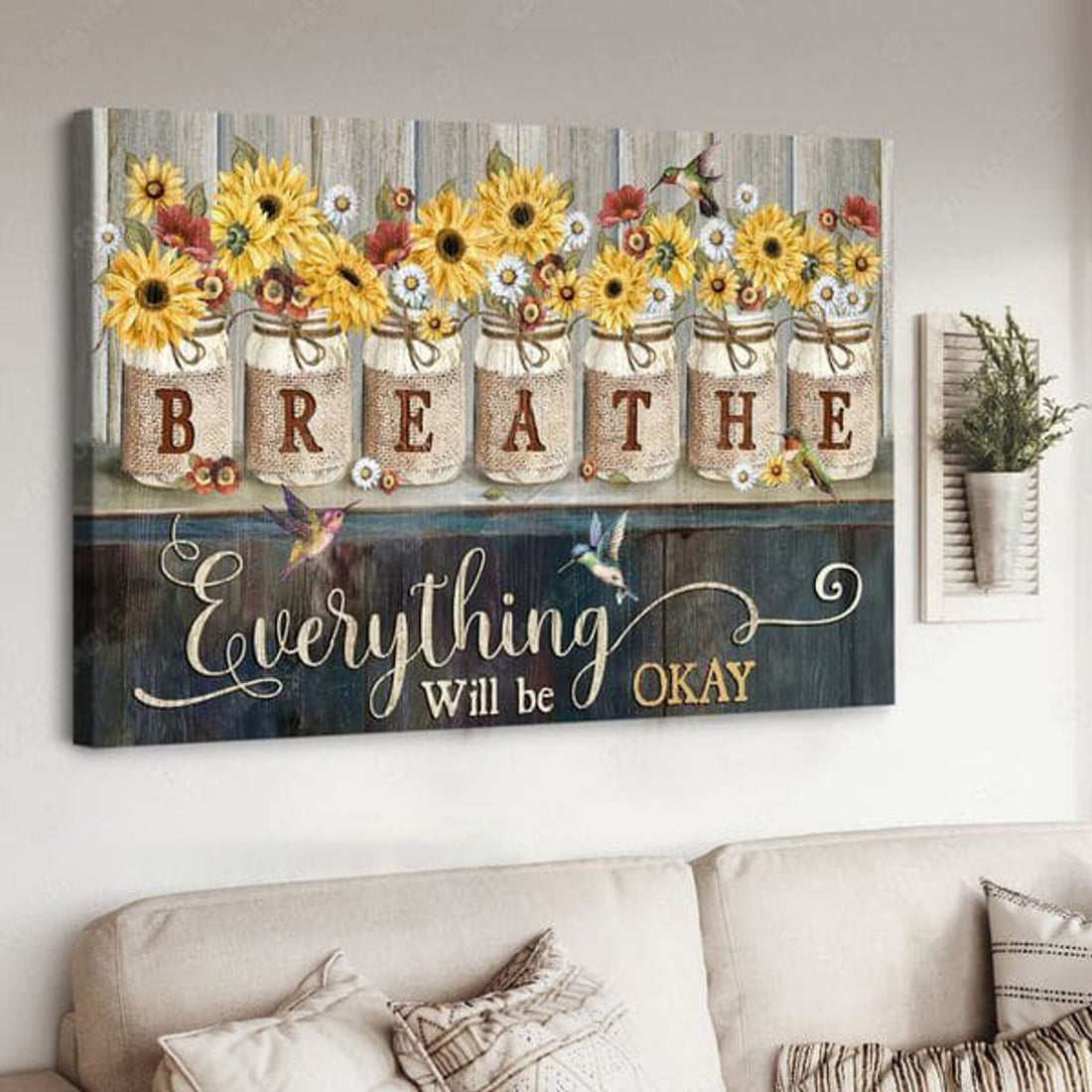 Breathe Everything Will Be Okay, Hummingbird Flower, Wall Decor Poster and Canvas