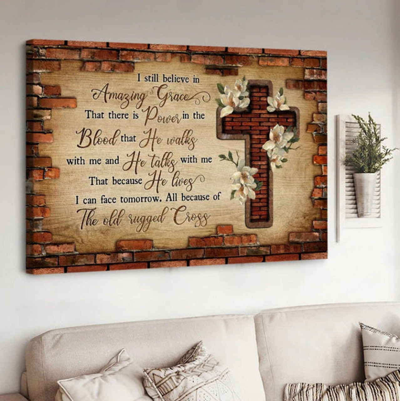 Brick Wall Jesus Cross The Old Rugged Cross Canvas Wall Art - Jesus Canvas Pictures - Christian Wall Posters