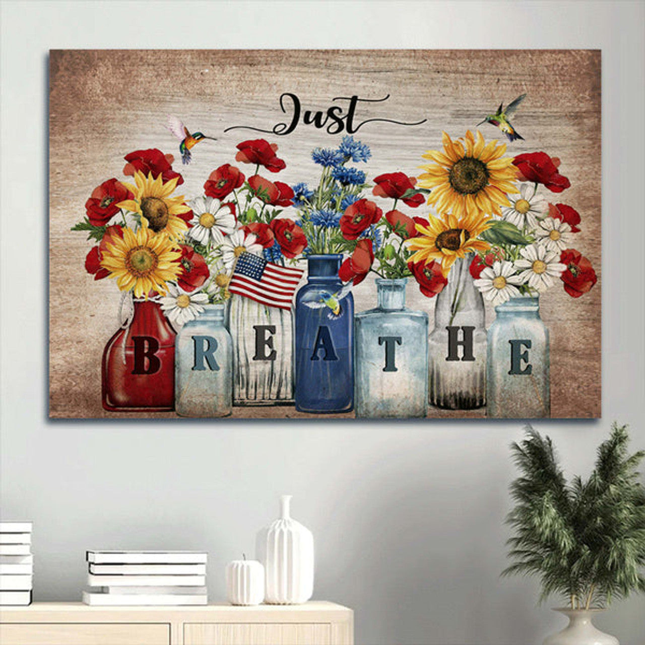Brilliant Flower Garden Us Flag Hummingbird Canvas Just Breathe Canvas Wall Art - Christian Wall Decor
