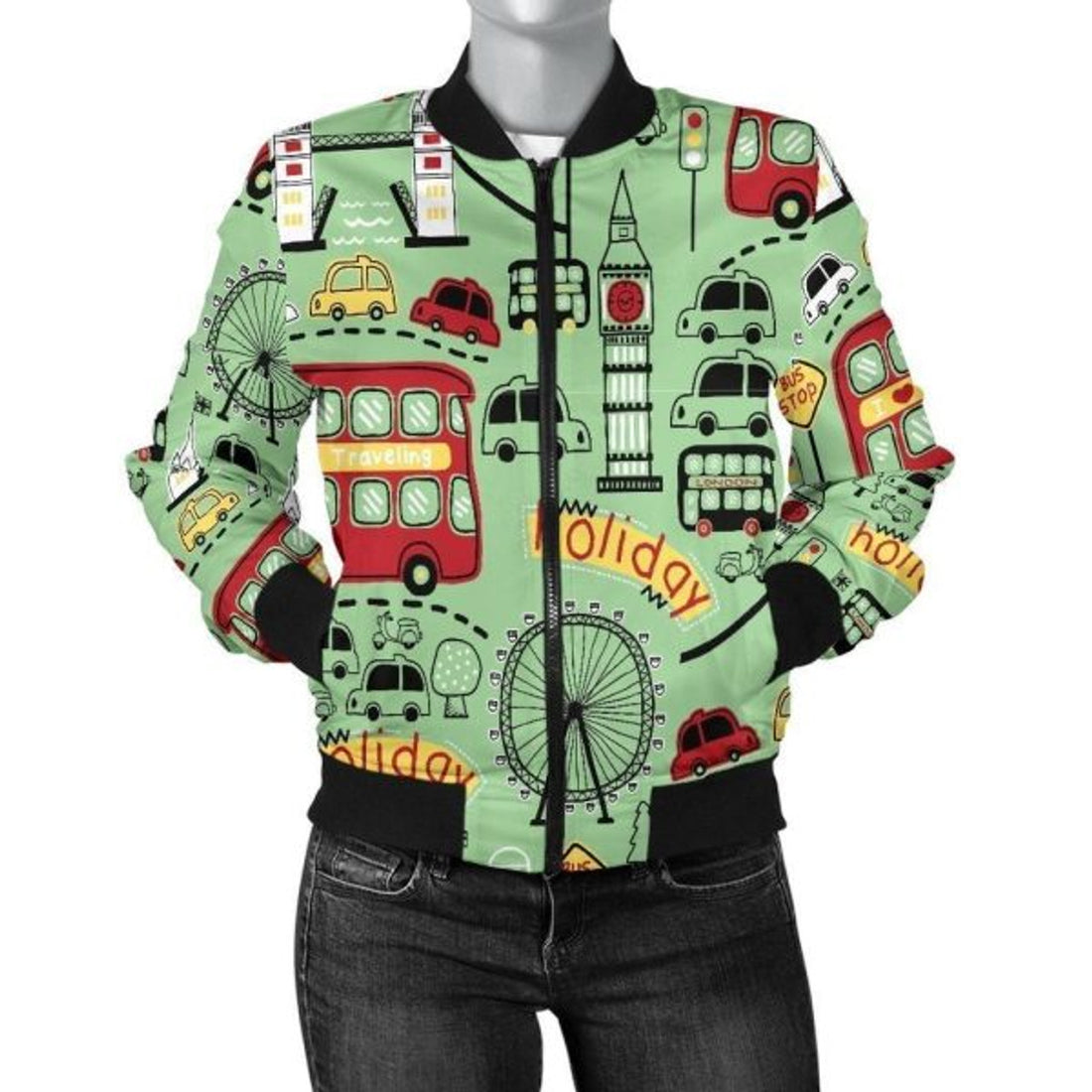 FUNSTUFFPRINT British Print Pattern Women Casual 3D Bomber Jacket
