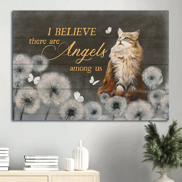 Brown Cat Canvas Dandelion Drawing Butterfly Canvas Cat Lover I Believe There Are Angels Among Us Canvas Wall Art - Christian Wall Decor