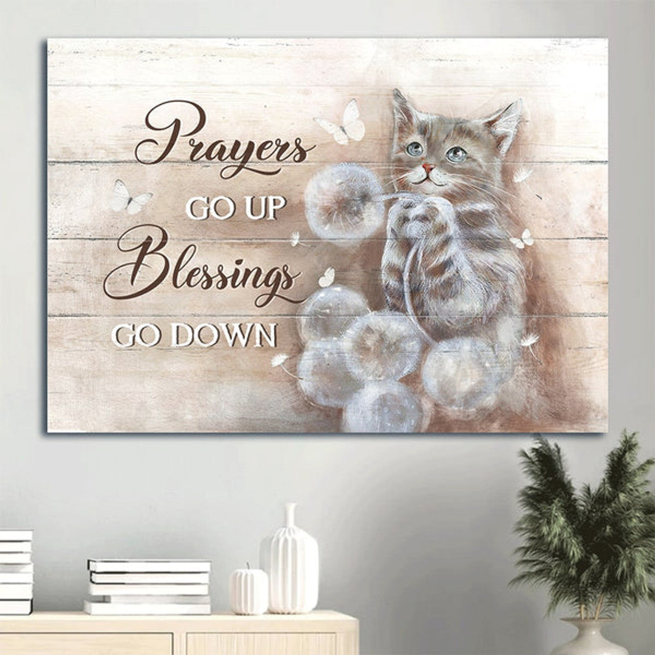 Brown Cat Drawing Canvas Dandelion Field Canvas Cat Lover Prayers Go Up Blessings Go Down Canvas Wall Art - Christian Wall Decor