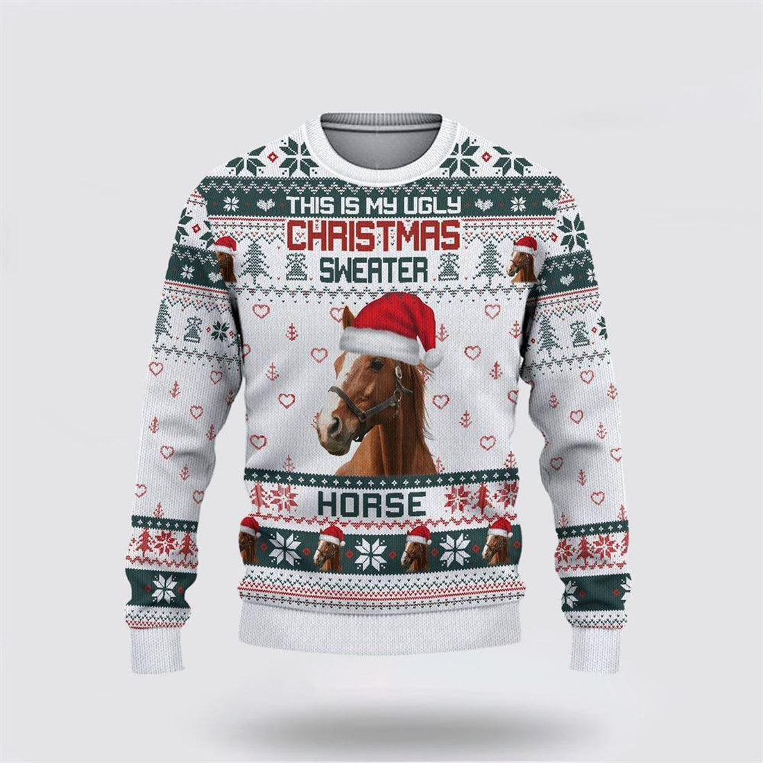 FUNSTUFFPRINT Brown Horse Green Merry Christmas Ugly Sweater, Gifts For Farmers, Rural Lovers Ugly Sweater