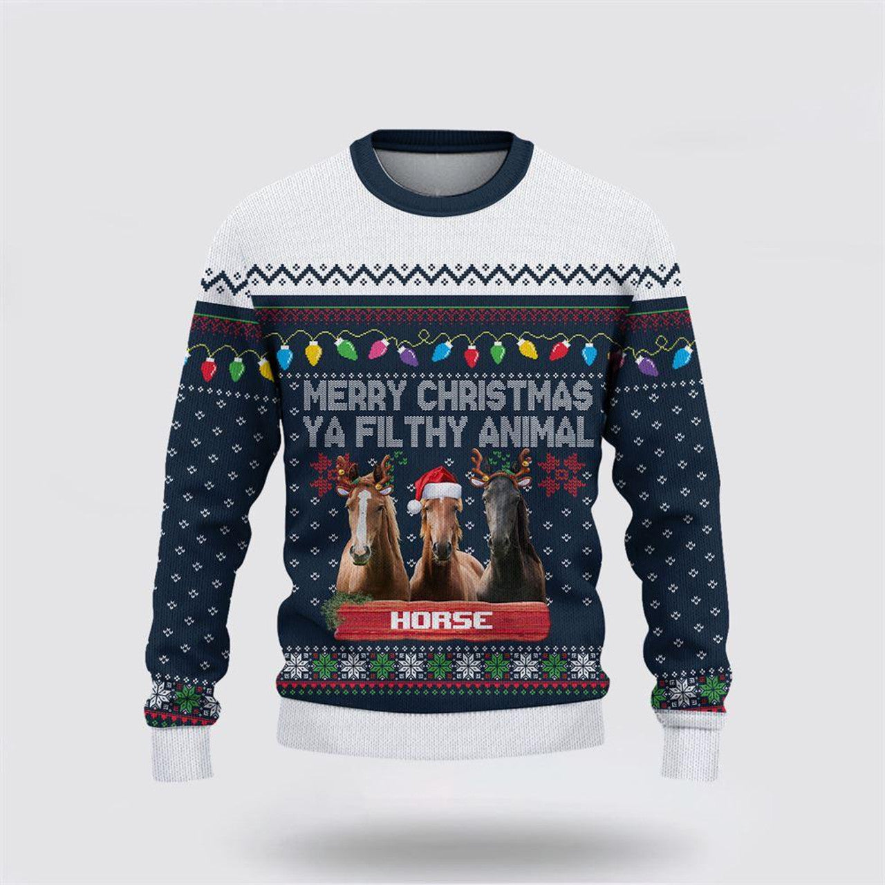 FUNSTUFFPRINT Brown Horse Merry Christmas Ugly Sweater, Gifts For Farmers, Rural Lovers Ugly Sweater
