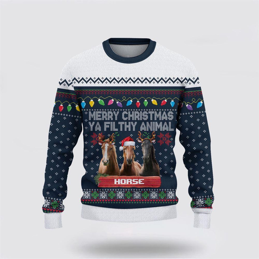 FUNSTUFFPRINT Brown Horse Merry Christmas Ugly Sweater, Gifts For Farmers, Rural Lovers Ugly Sweater