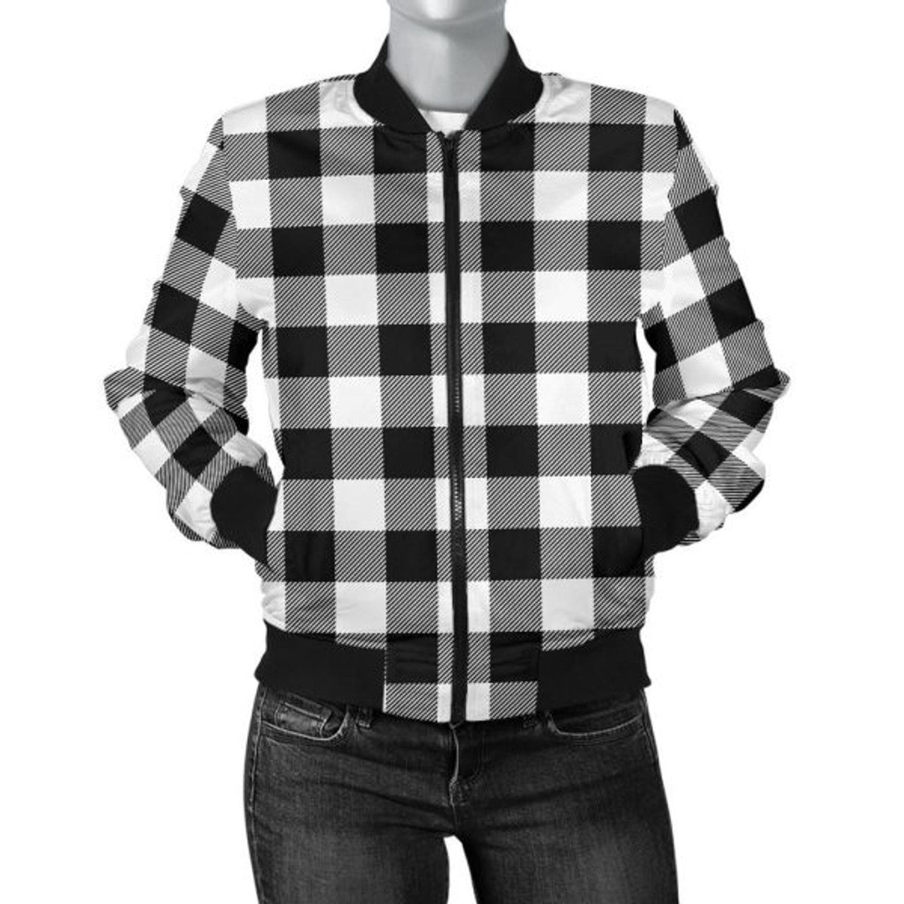FUNSTUFFPRINT Buffalo Plaid Women's Bomber Jacket White Black 3D Bomber Jacket