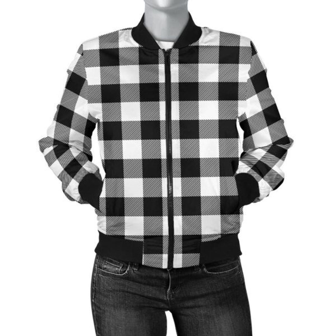 FUNSTUFFPRINT Buffalo Plaid Women's Bomber Jacket White Black 3D Bomber Jacket