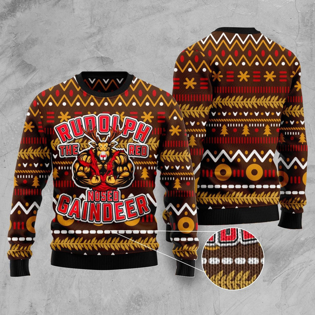 FUNSTUFFPRINT Buffed Rudolph The Red-Nosed Reindeer Ugly Christmas Sweater, Christmas Sweater, Ugly Sweater, Funny Xmas Sweaters Ugly Sweater