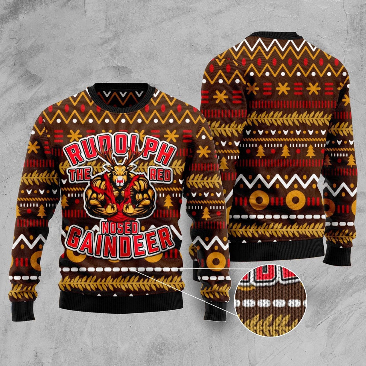 FUNSTUFFPRINT Buffed Rudolph The Red-Nosed Reindeer Ugly Christmas Sweater, Christmas Sweater, Ugly Sweater, Funny Xmas Sweaters Ugly Sweater
