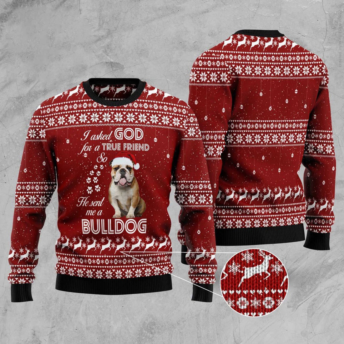 FUNSTUFFPRINT Bulldog True Friend Ugly Christmas Sweater, Dog Ugly Christmas Sweater, Ugly Dog Sweaters Ugly  Sweater