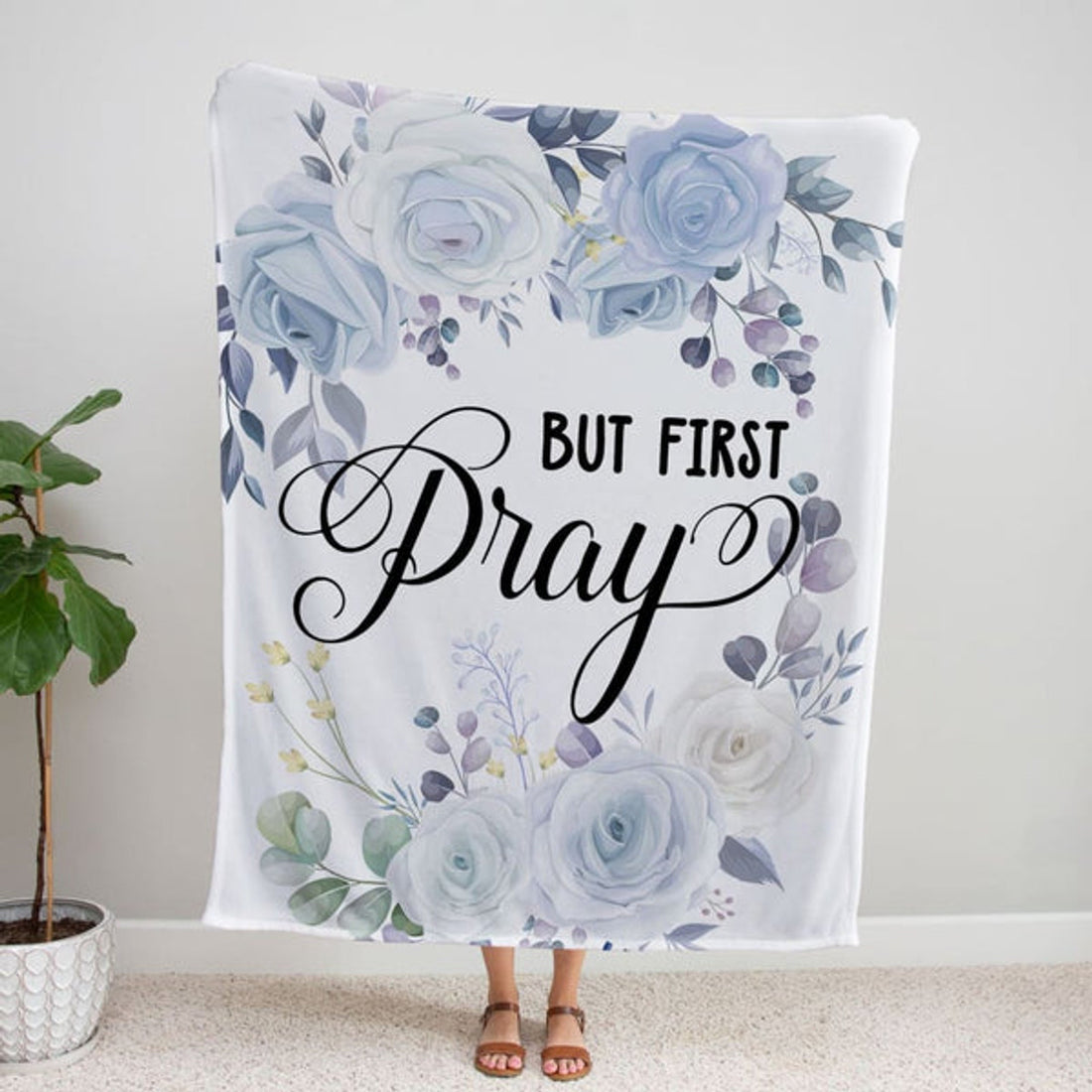 FUNSTUFFPRINT But First Pray Fleece Blanket - Christian Blanket - Bible Verse Blanket