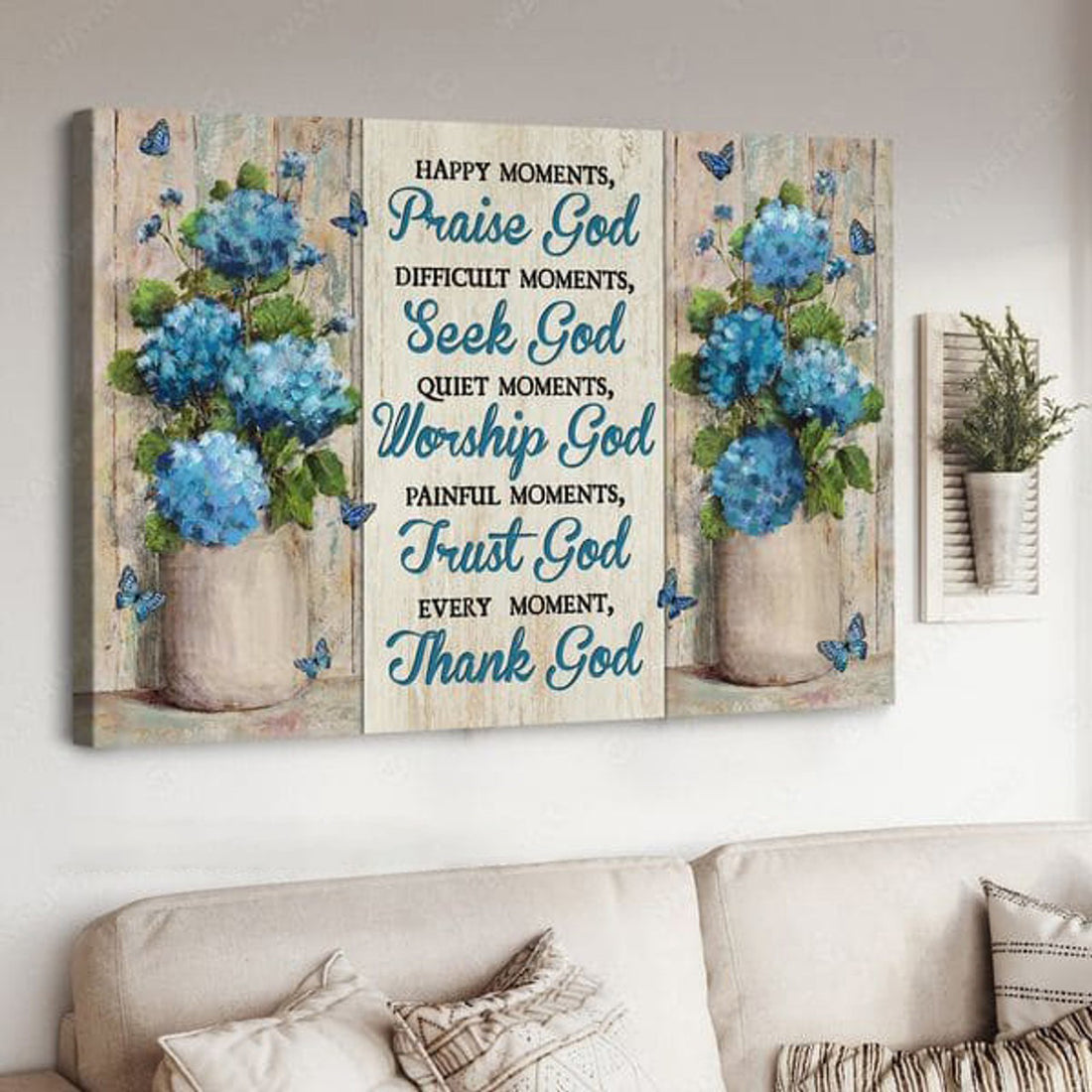 Butterfly Flower, Wall Poster, Happy Moments Praise God Difficult Moments Seek God Quiet Moment Worship God Poster and Canvas
