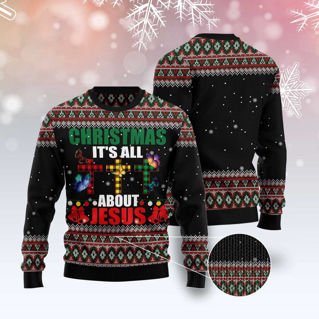FUNSTUFFPRINT Butterfly All About Jesus Ugly Christmas Sweater, Christmas Sweater, Ugly Sweater, Funny Xmas Sweaters Ugly Sweater