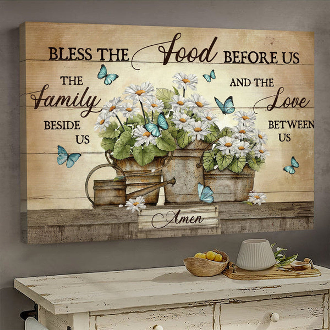 Butterfly Daisy Flower Vase Jesus Bless The Food Before Us Canvas Wall Art - Christian Poster - Religious Wall Decor